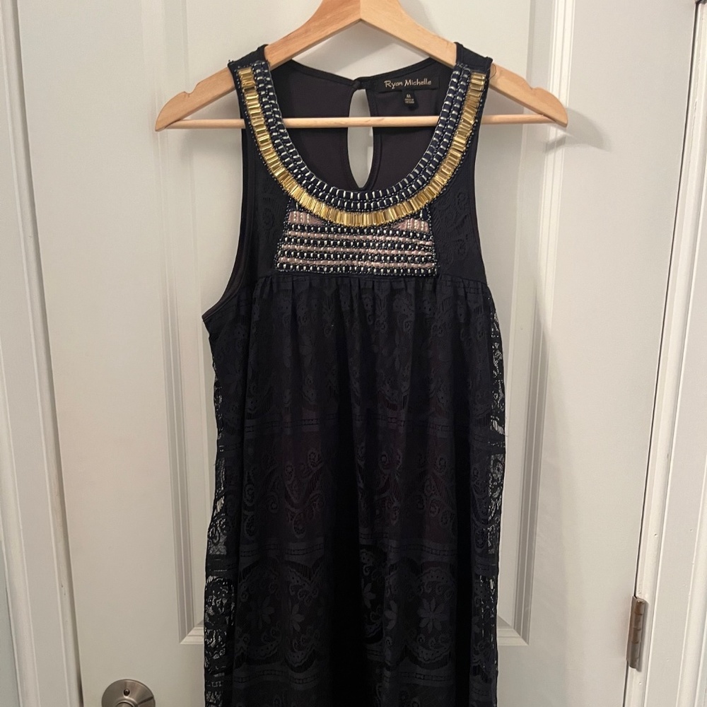 Ryan Michelle Gold Beaded Neckline Navy Lace Knee-Length Dress Size Medium